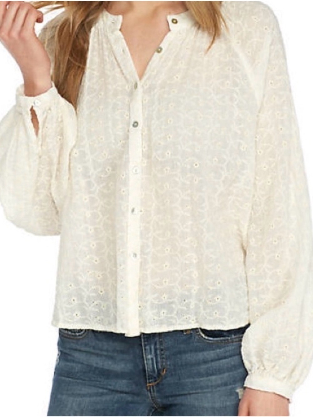 Free People Madison Oversized Eyelet Button Front Boho Blouse Ivory White Small